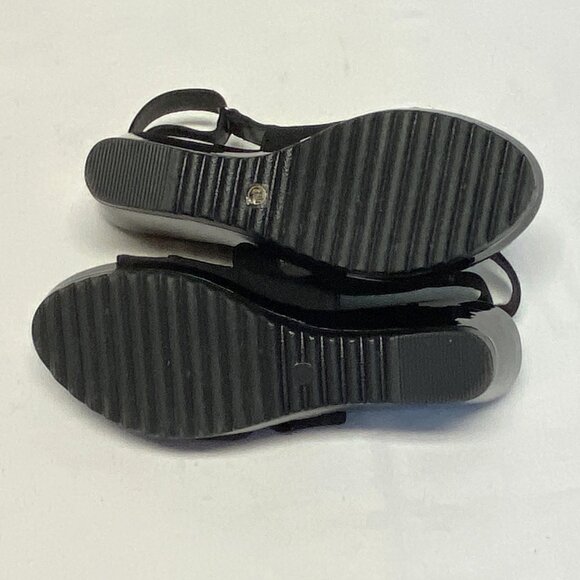 Anne Klein Faux Suede Patent Low Wedge Open Toe Sling Back Romeo Sandals Black - Picture 11 of 13